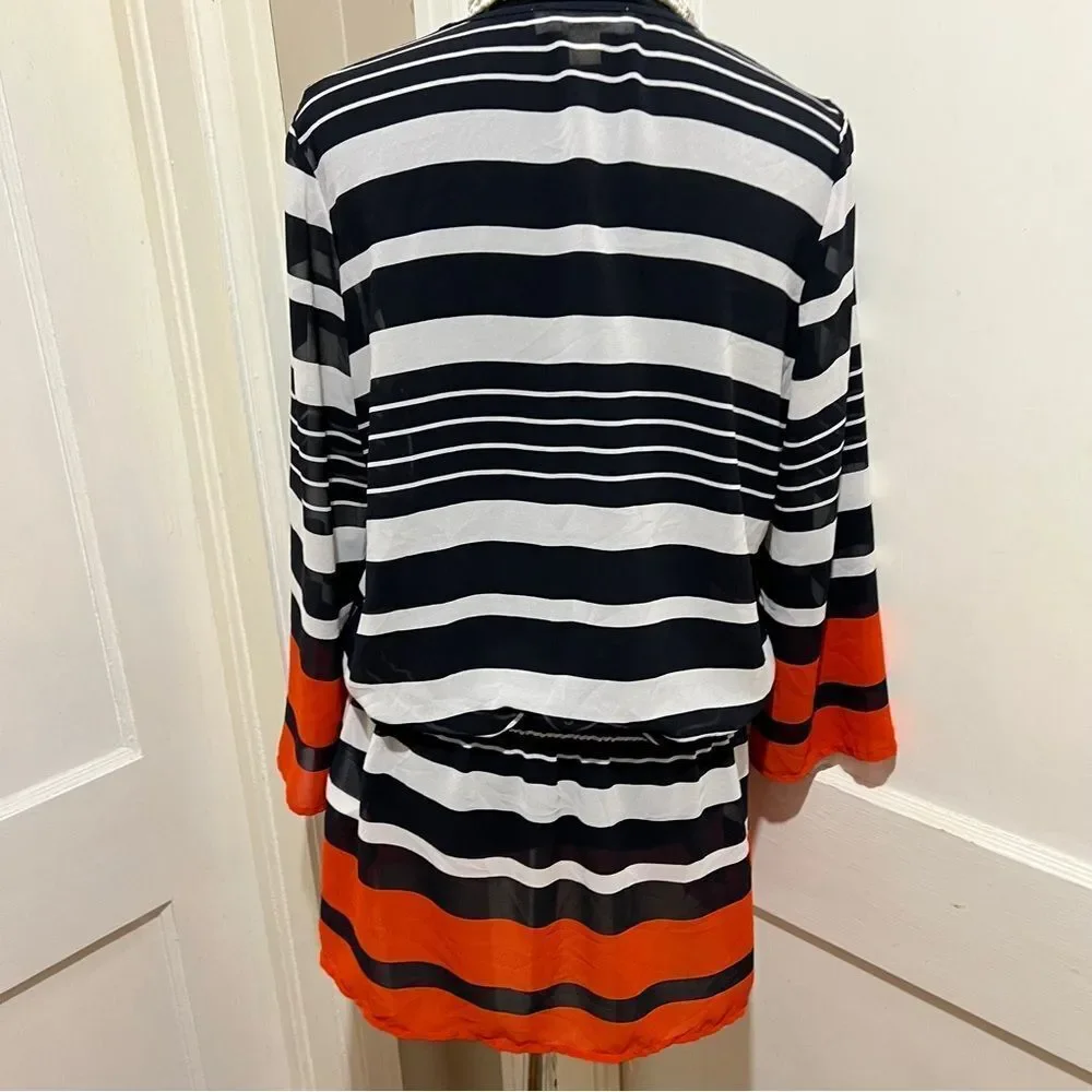 Michael Kors Sheer Striped Pull On Swimsuit Cover Mini Dress Women's Large